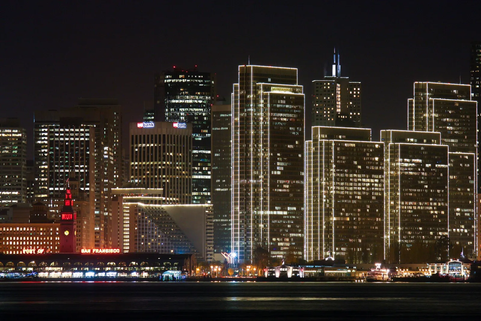 Embarcadero Center towers lit at night, San Francisco