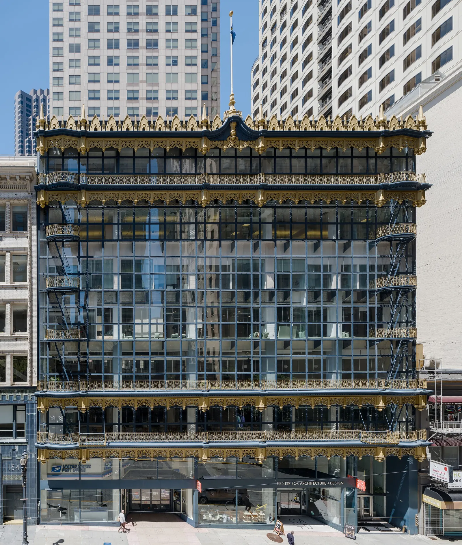 The glass curtain wall of the Hallidie Building on Sutter Street, San Francisco